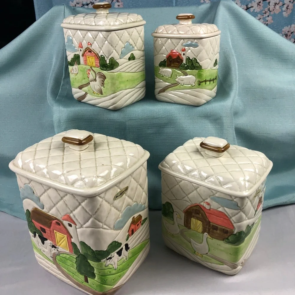 Vintage 1982 Otagiri Japan Farm Canister Set 4pc Ceramic Quilted Barn Cow Pig
